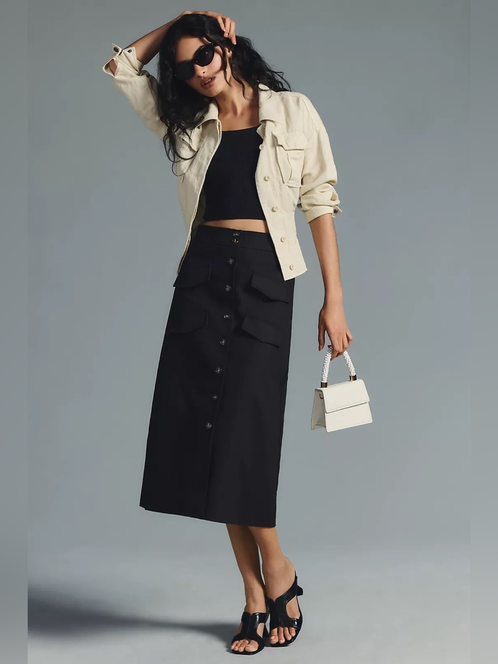 Mare Mare x Anthropologie Utility Midi Skirt in black cotton twill